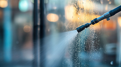 Cleaning a storefront window with high-pressure water jet